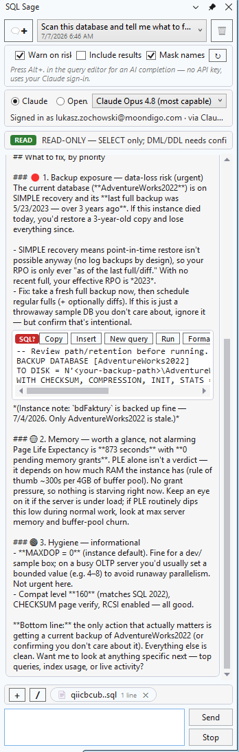 SQL Sage health check on a database: a prioritized findings report — backup data-loss risk (SIMPLE recovery, last full backup years old), memory / Page Life Expectancy, MAXDOP and compatibility level — with a fix script to review.