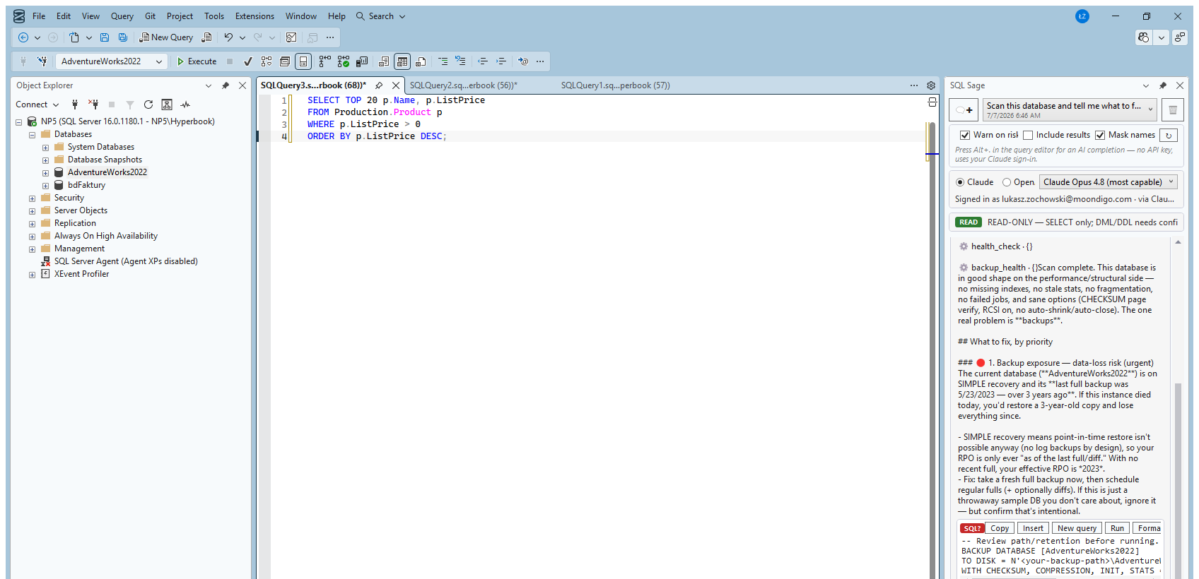 SQL Sage chat panel docked on the right inside SQL Server Management Studio, next to a T-SQL query editor and the Object Explorer tree, with the connection context bar and classified SQL blocks visible.