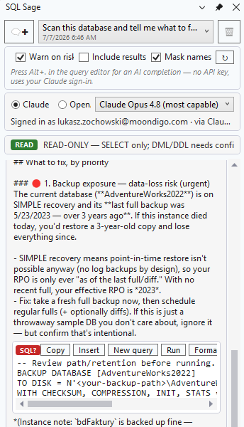 SQL Sage chat panel docked in SSMS with the NP5 · master connection bar pinned above the conversation