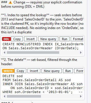 Two classified SQL blocks in chat: a DELETE with an amber WRITE badge and a CREATE INDEX with a red DDL badge, each showing the full SQL