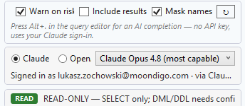 Chat toolbar toggles: AI completions, Warn on risky F5, and Mask names, with the read-only safety banner
