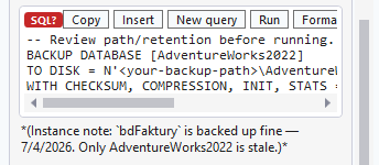 A SQL block in chat carrying a READ badge with a Copy / Insert / New query / Run / Format toolbar